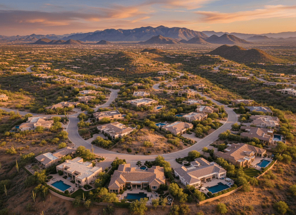 Aerial view of an Arizona luxury residential community at golden hour, warm desert terrain, winding roads, distant mountains, terracotta and sand tones, cinematic real estate photography