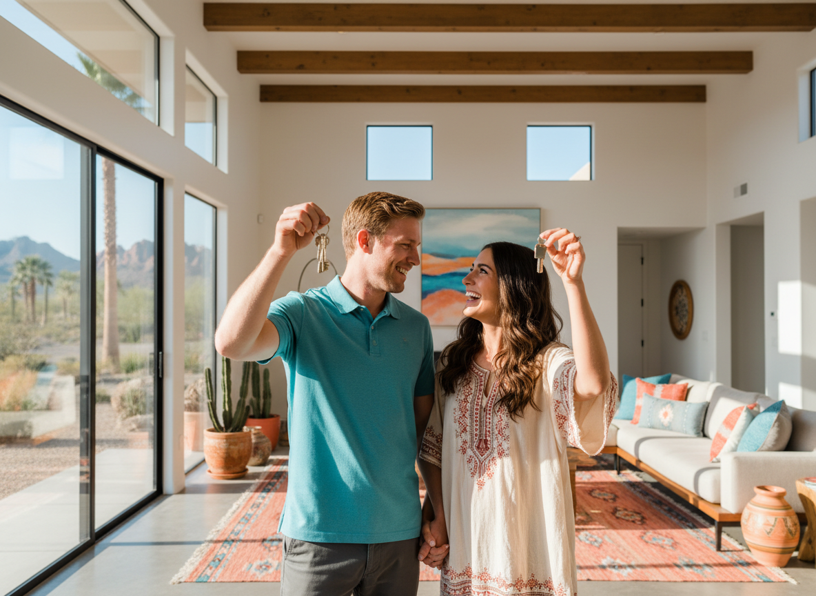 A happy couple receiving house keys in a bright sunlit modern Arizona home.