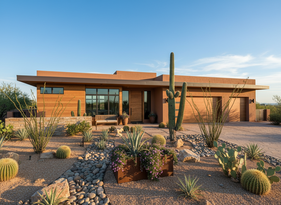 A welcoming modern Arizona home exterior with great curb appeal and desert landscaping under a blue sky.